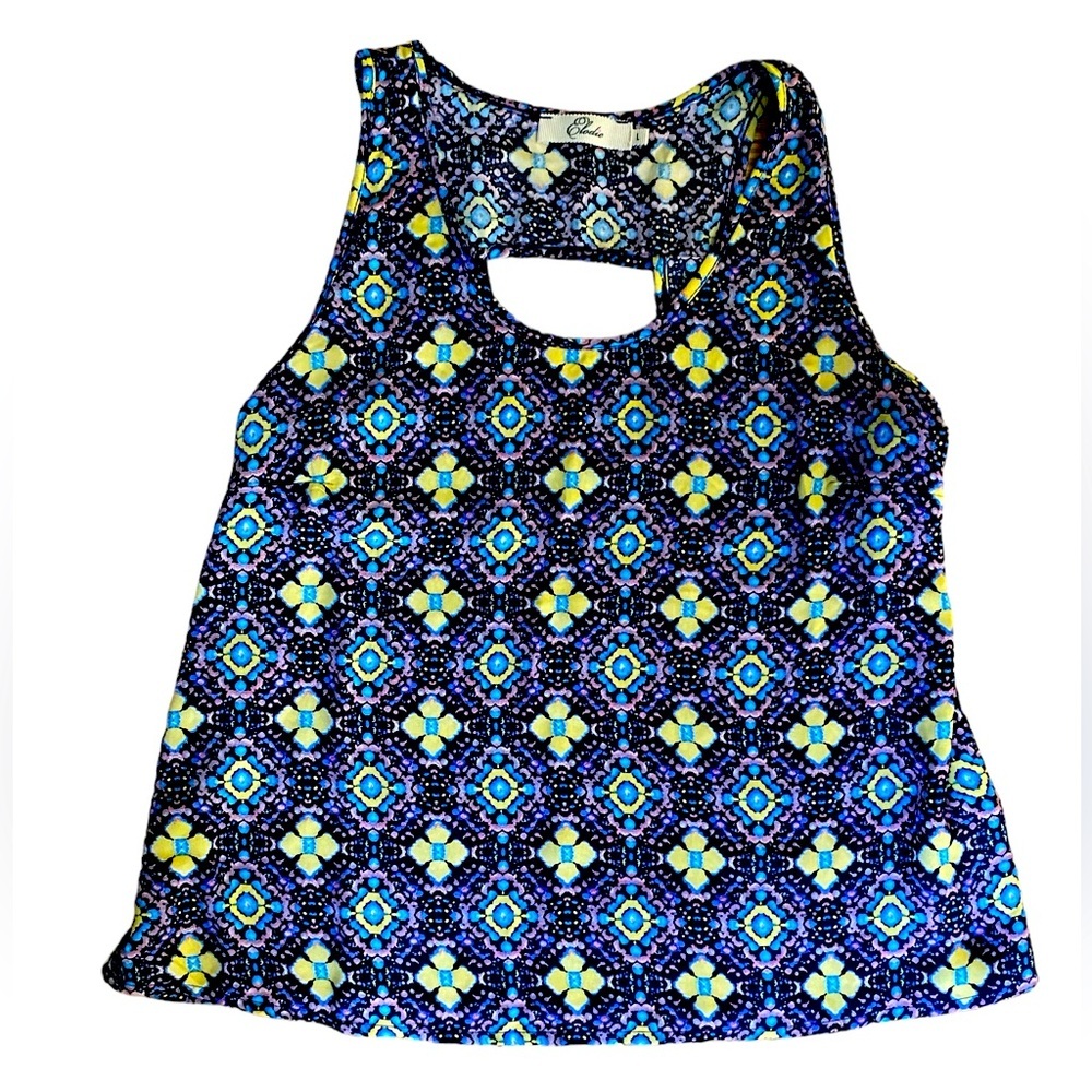 Super Cute Cut-Out Back Mosaic Purple & Yellow Print Tank Top, Size Large